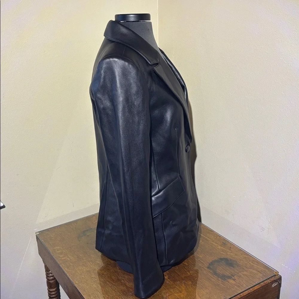 Good American Black Faux Leather Sculpted Blazer, Zipper detail on arms, size 2